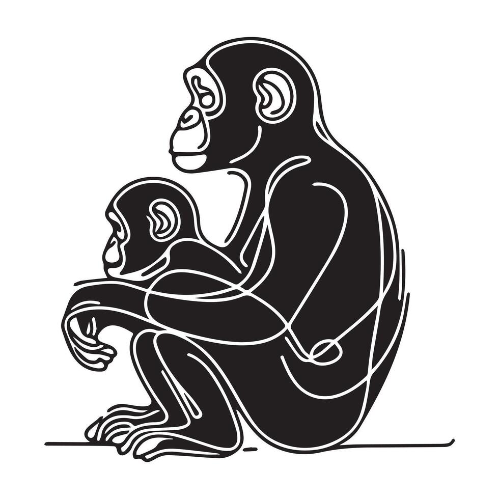 singel line black chimpanzees sillhouette vector