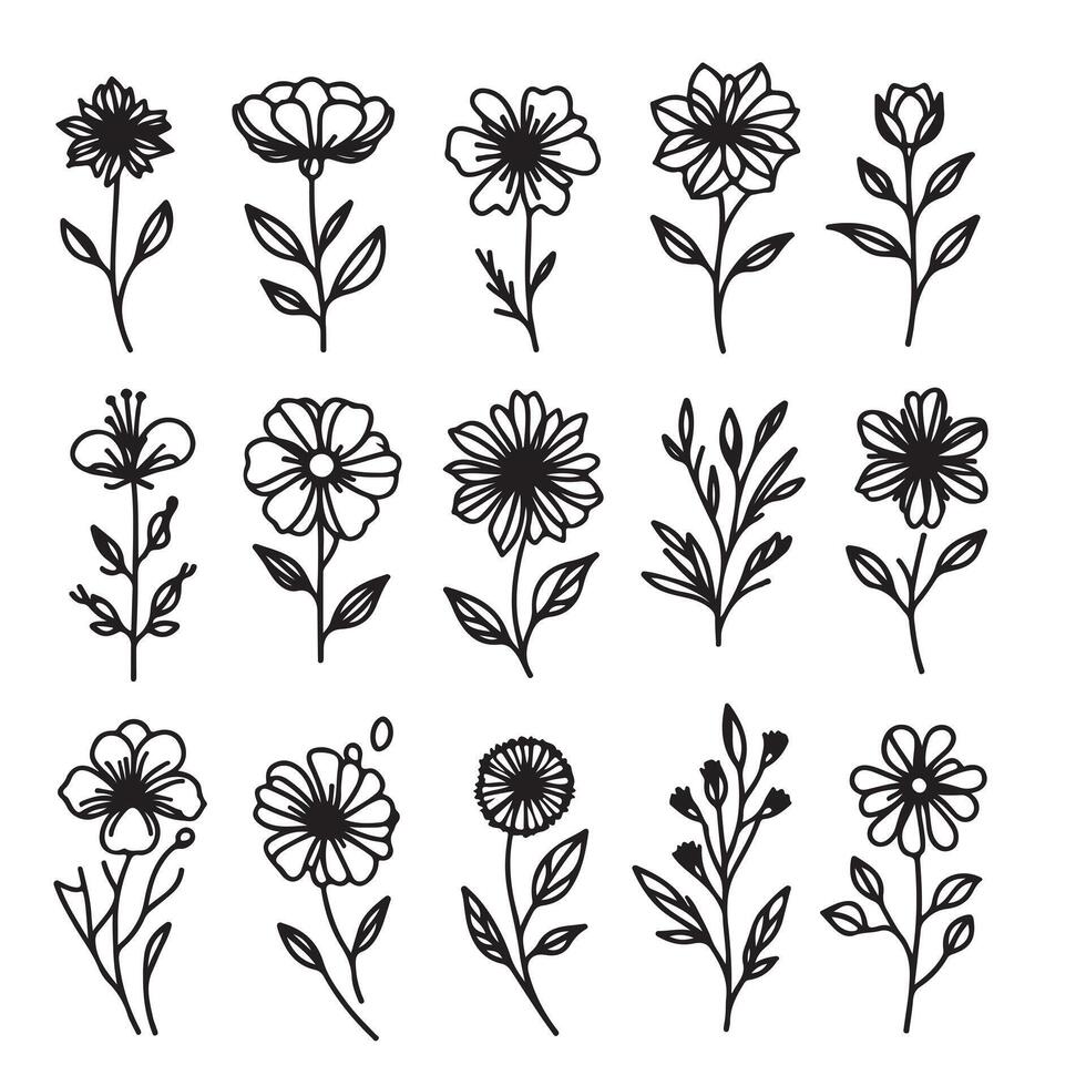 singel line black flower sillhouette set with white background vector