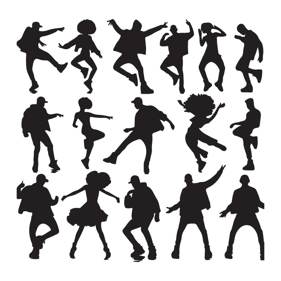 A set of black men and women street dance hip hop dancers in silhouette with white background vector