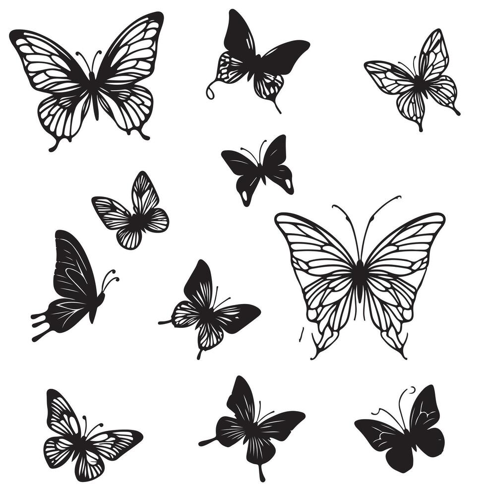 single line black Flying butterflies silhouette black set isolated on transparent vector