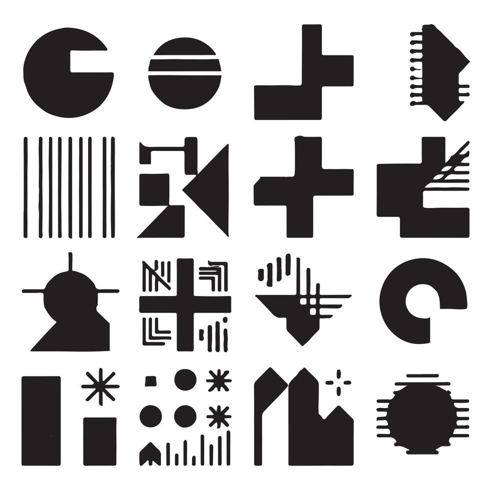 black Brutalist geometric shapes, modern symbols. Simple primitive elements and forms. Retro design, trendy contemporary minimalist style, y2k. illustration vector