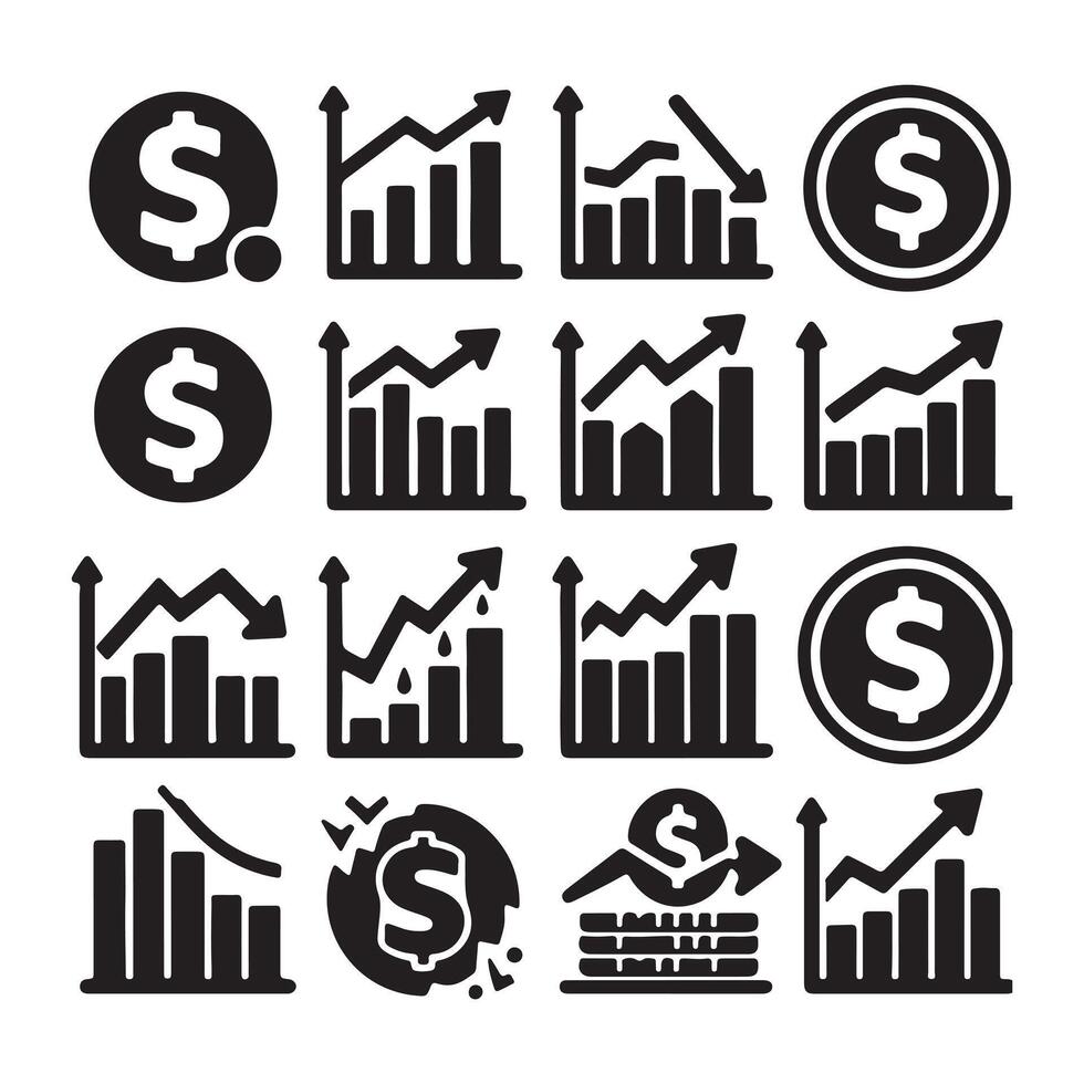 Set of chart icons with dollar sign in even silhouette on a white background. The graph shows downward and upward trends. vector