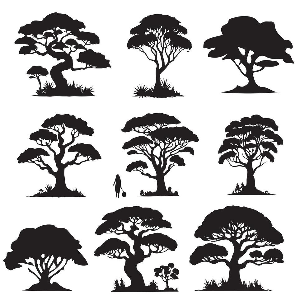 various deciduous trees silhouettes on the white background vector