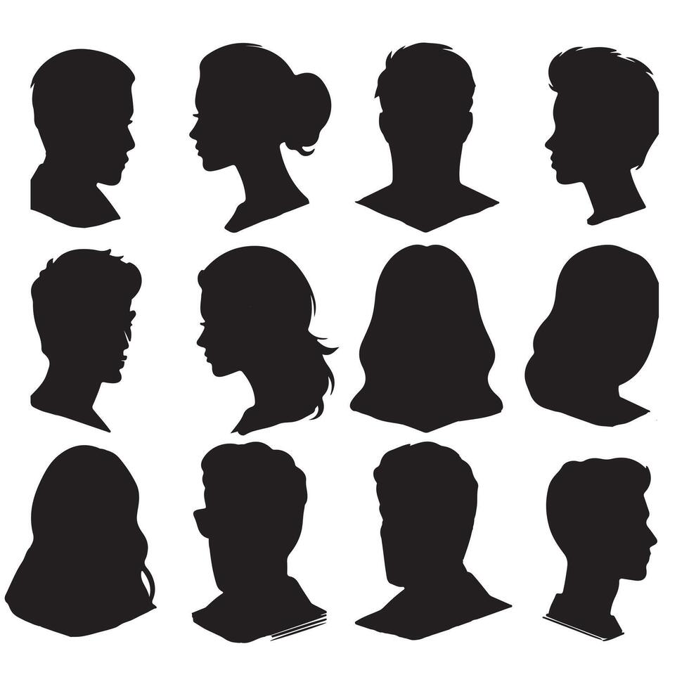 black Avatar portrait silhouettes. Woman and man faces portraits, anonymous characters avatars image with white background vector