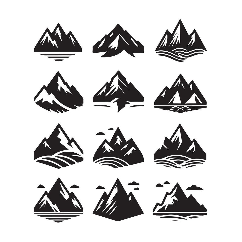Set Mountain icons, Collection different types of Mountains Black with white background vector