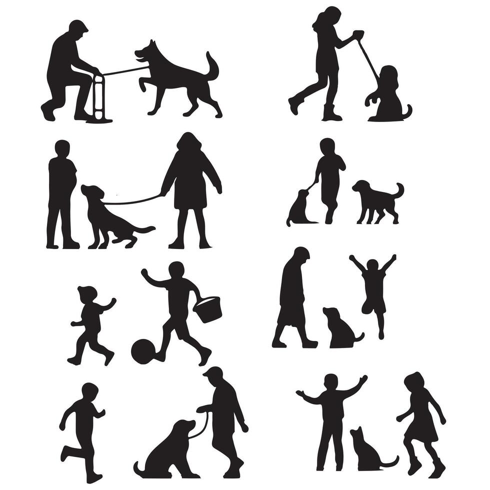 People playing with dog various collection set silhouette vector