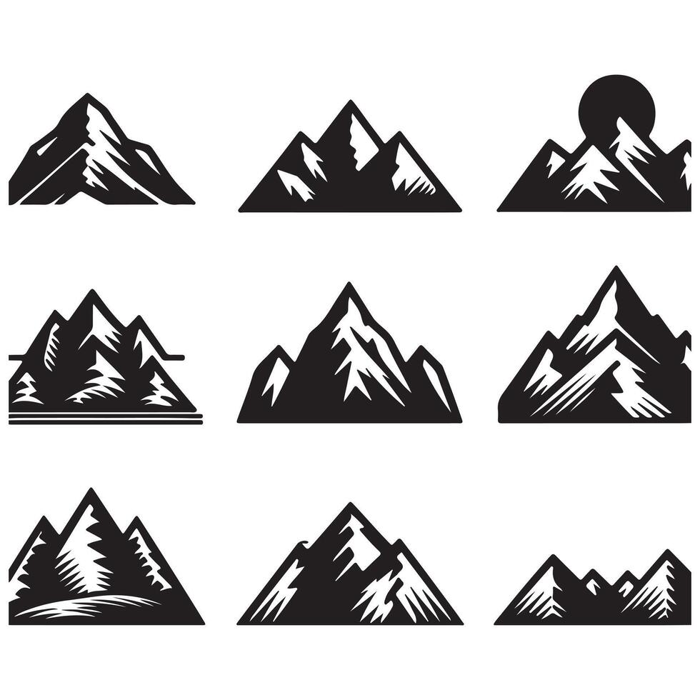 Set Mountain icons, Collection different types of Mountains Black with white background vector