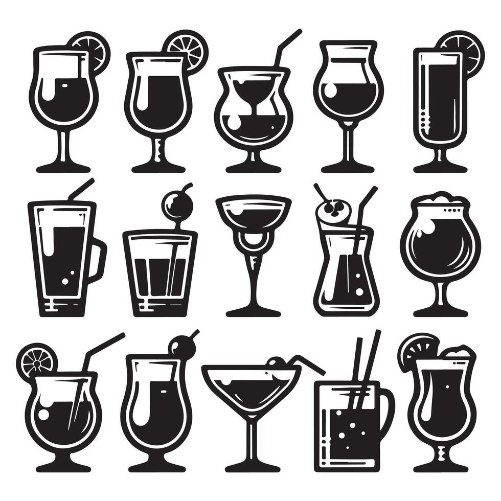 Set of icons of various black drink glasses image with white background vector