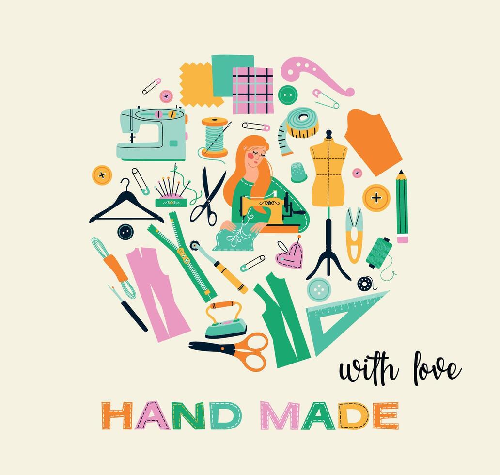 sewing tools icons tailor girl hand made workshop vector