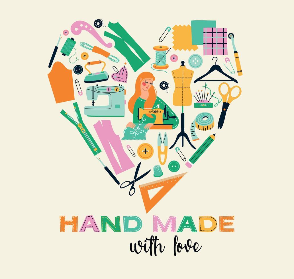 Heart of sewing tools icons tailor girl hand made workshop vector