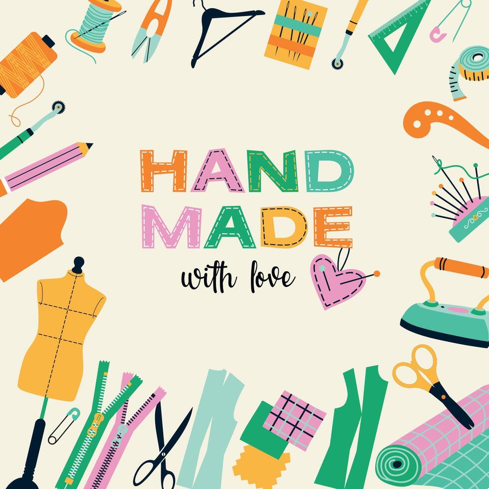 Illustration of sewing tools icons tailor hand made workshop vector