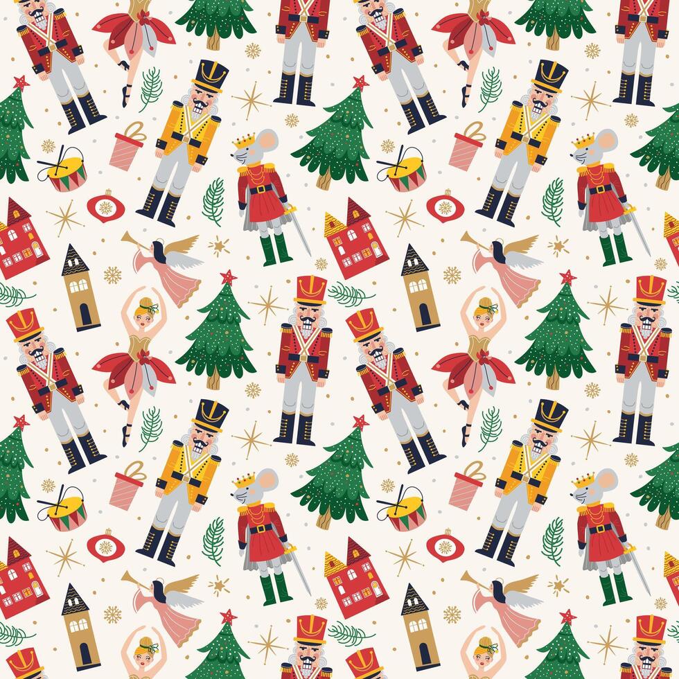 Merry Christmas, New Year seamless pattern set with Ballerina, Mouse King and Nutcracker. Christmas print with three and toys vector