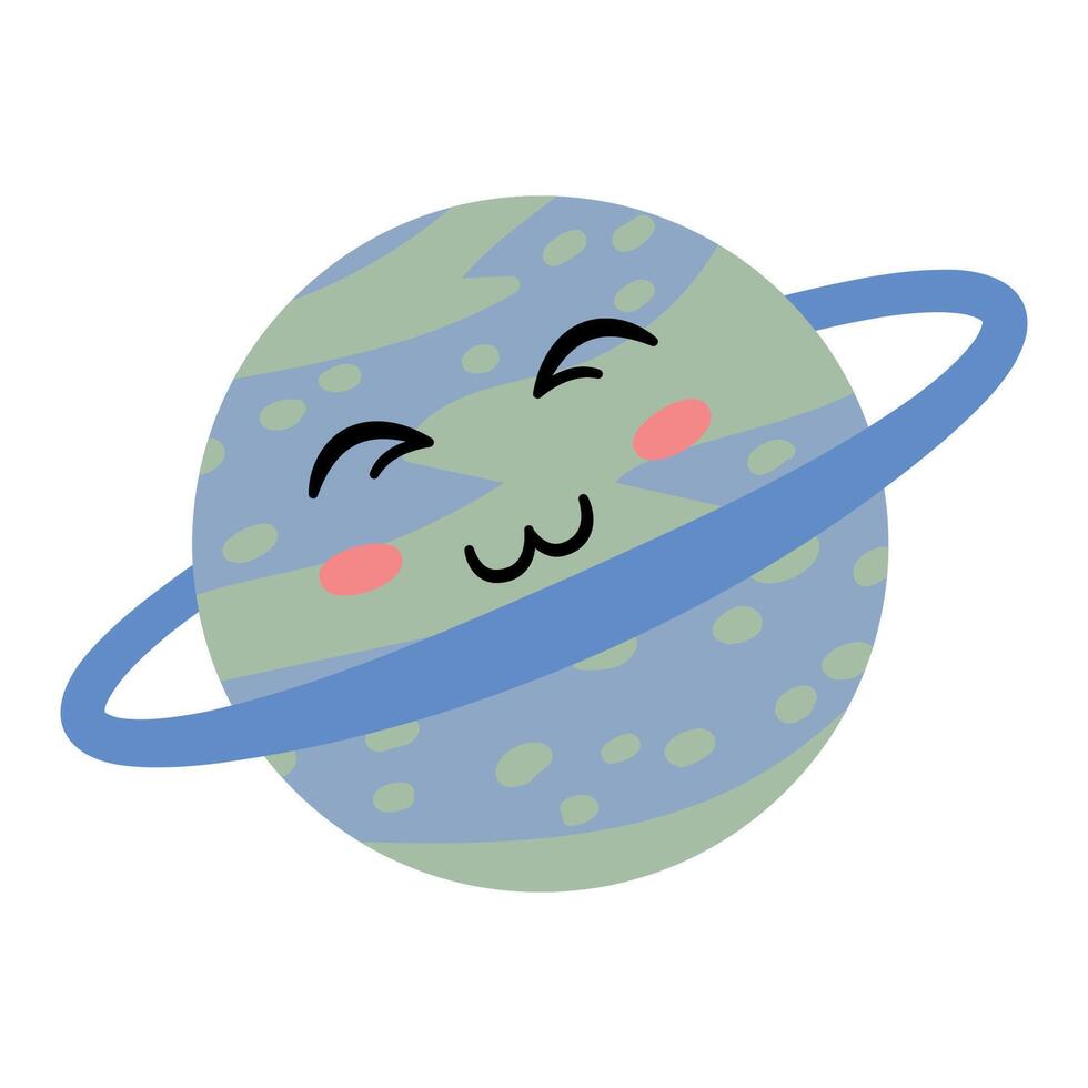 Planet Saturn with eyes and a smile. Kawaii vector