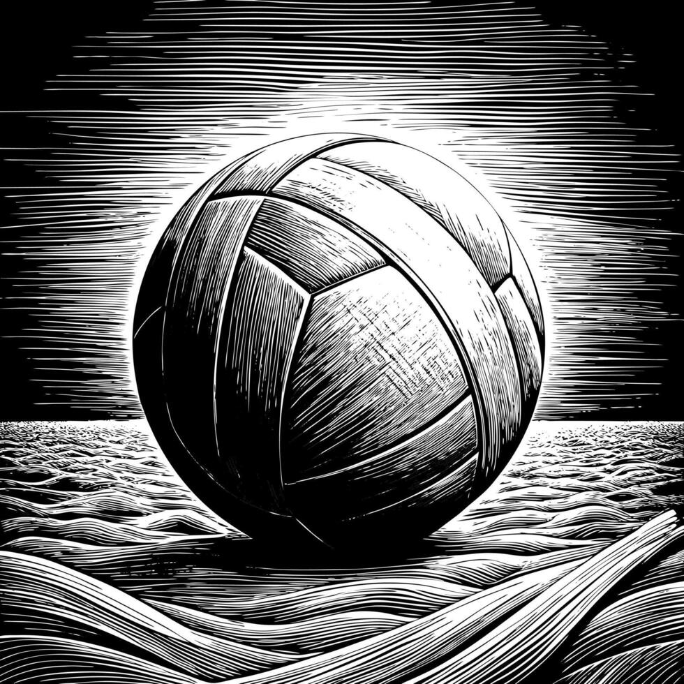 Elegant illustration volleyball on the shore, serene beach environment and setting sun. vector