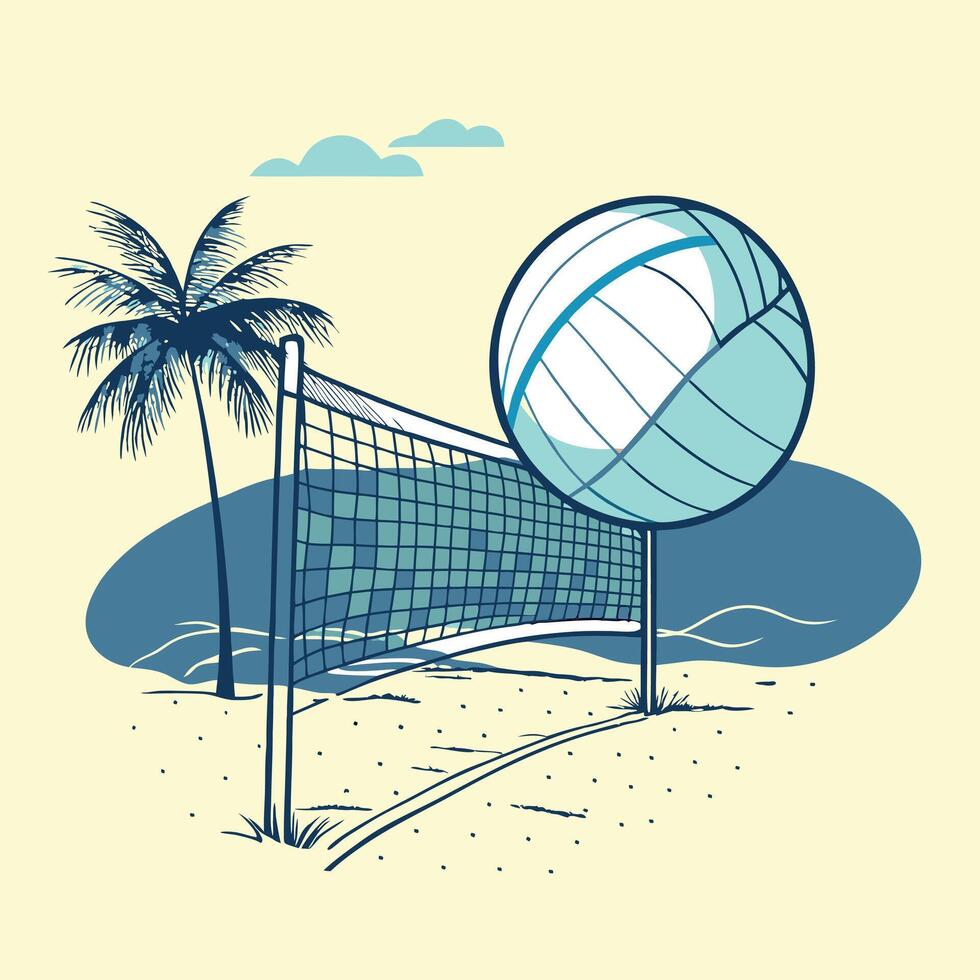 Lively illustration of a volleyball net on a beach, with a palm tree and ocean waves. vector