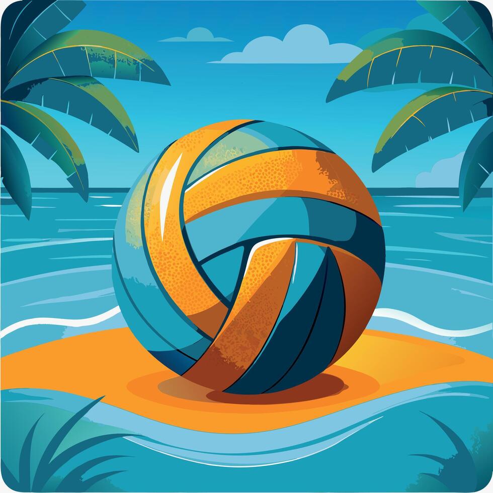Beach volleyball on the sand, framed by palm trees and ocean waves vector