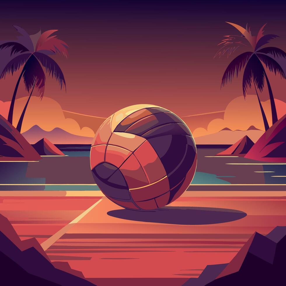 A volleyball on a beach court, surrounded by palm trees and illuminated by a beautiful sunset. vector