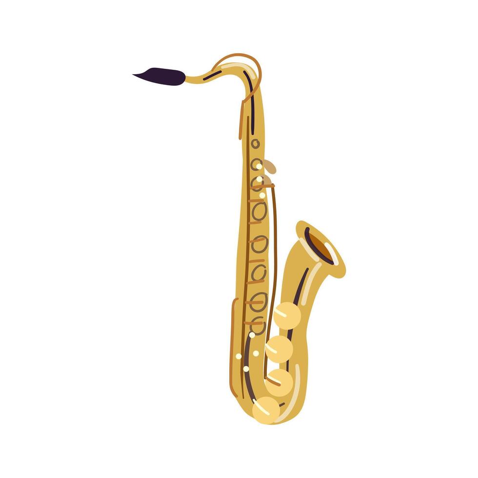 Classical golden saxophone icon. Professional gold sax. Wind, brass music instrument to play tunes, melody in jazz concert, blues performance. Flat isolated illustration on white background vector