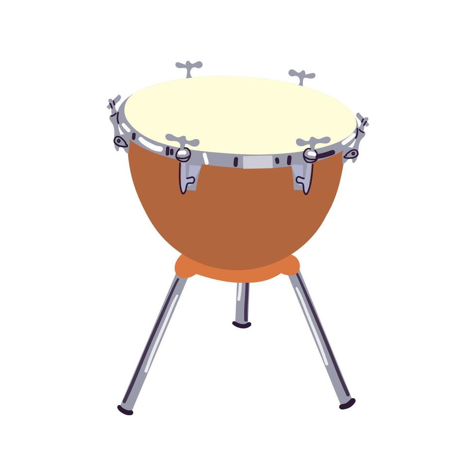 Timpani clipart cartoon style. Simple cute brown timpani percussion musical instrument flat illustration. Percussion instrument kettledrum hand drawn doodle style. Timpani design vector