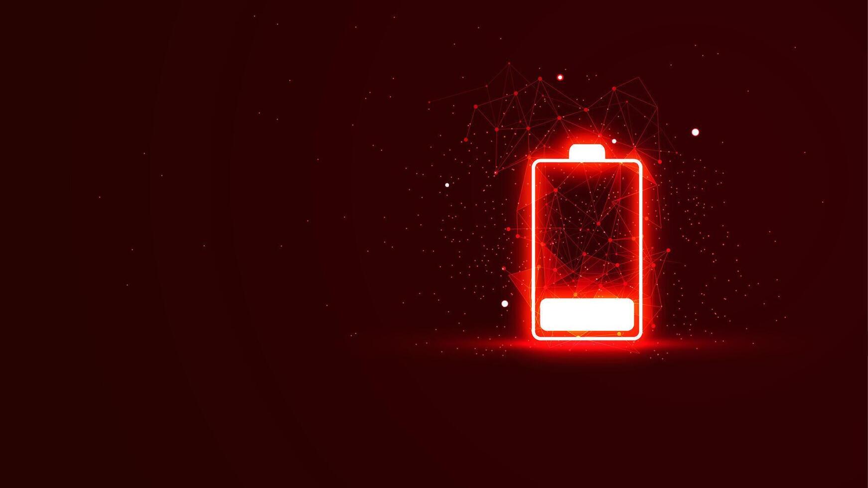 Low power battery illustration in the red neon light style. Futuristic glowing battery symbol with plexus lines and glitter particles. 3D abstract low poly copy space in the dark background vector