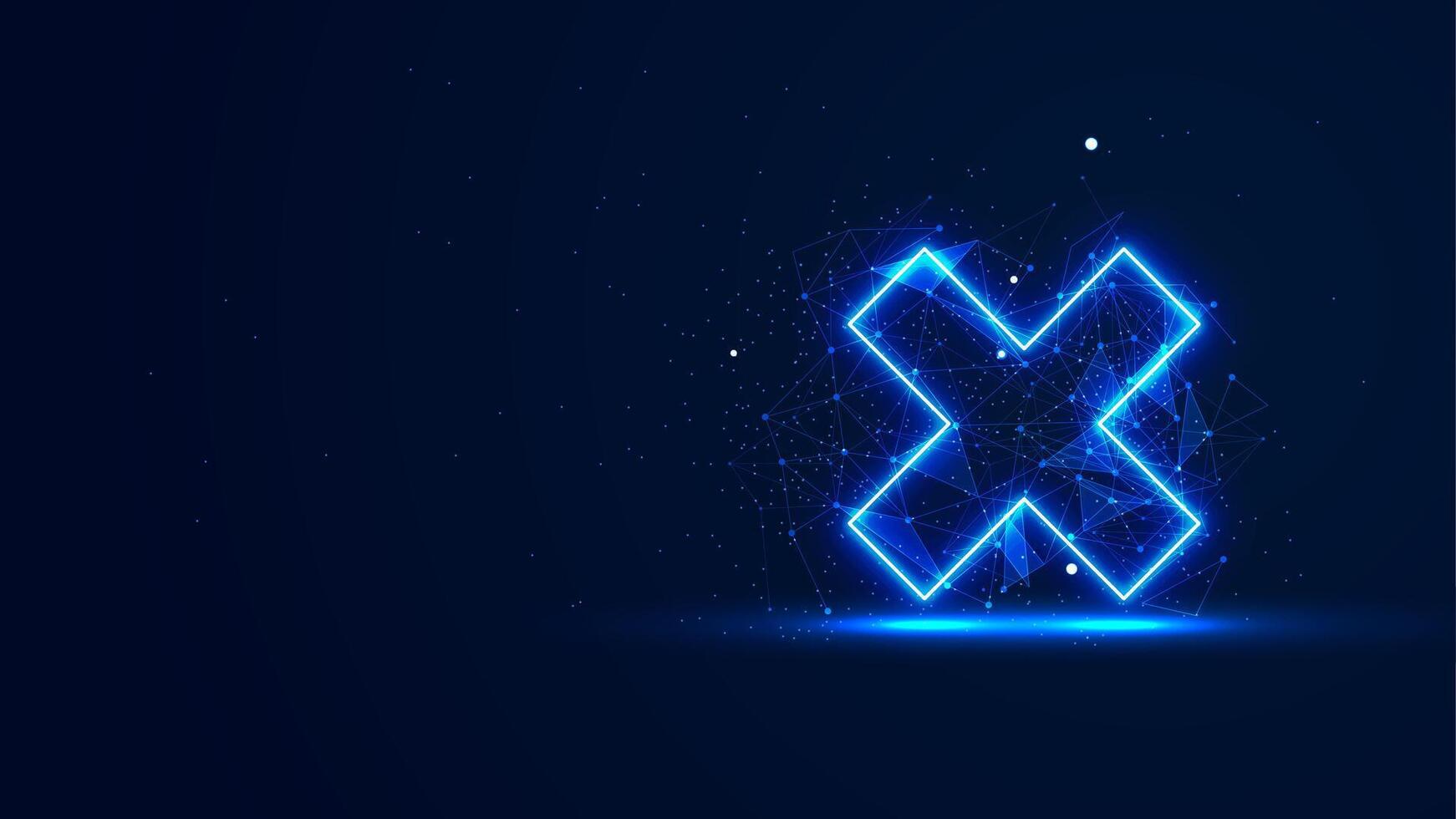 Futuristic glowing cross mark with plexus lines and glitter particles. The wrong symbol is in the blue neon light style. 3D abstract low poly copy space in the dark background vector
