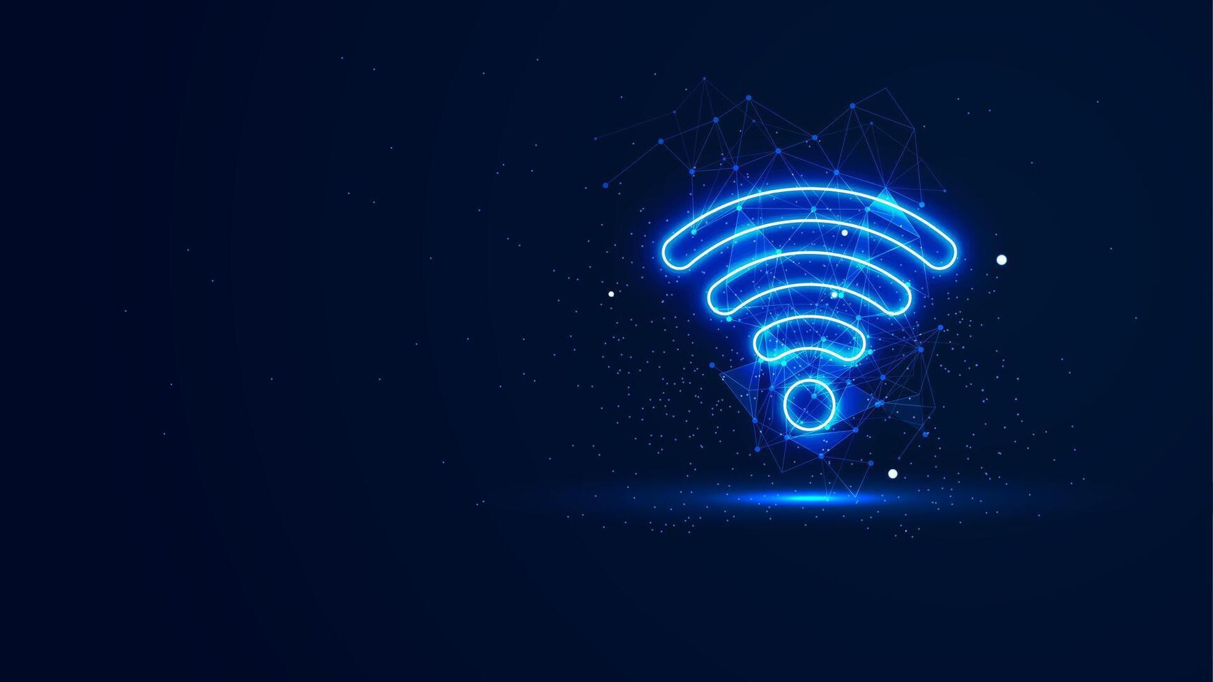 Futuristic glowing internet network symbol with plexus lines and glitter particles. Strong signal illustration in the blue neon light style. 3D abstract low poly copy space in the dark background vector