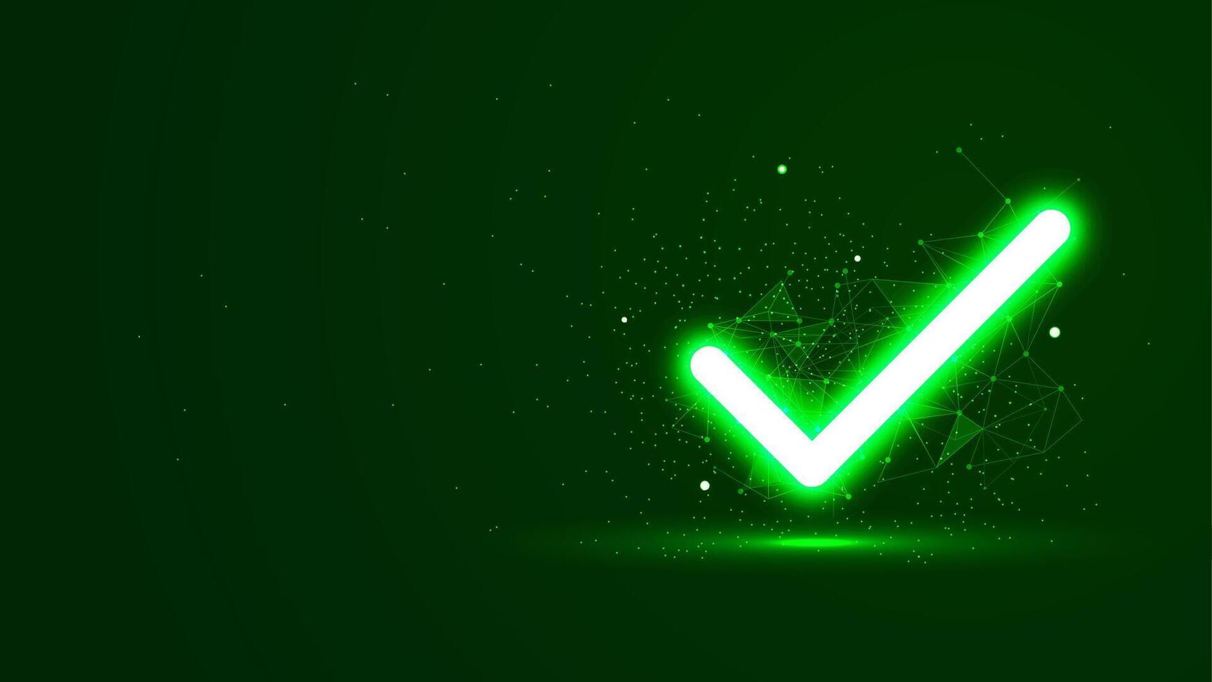 Green glowing check mark with plexus lines and glitter particles. Tick symbol in the neon light style. 3D abstract low poly copy space in the dark background vector