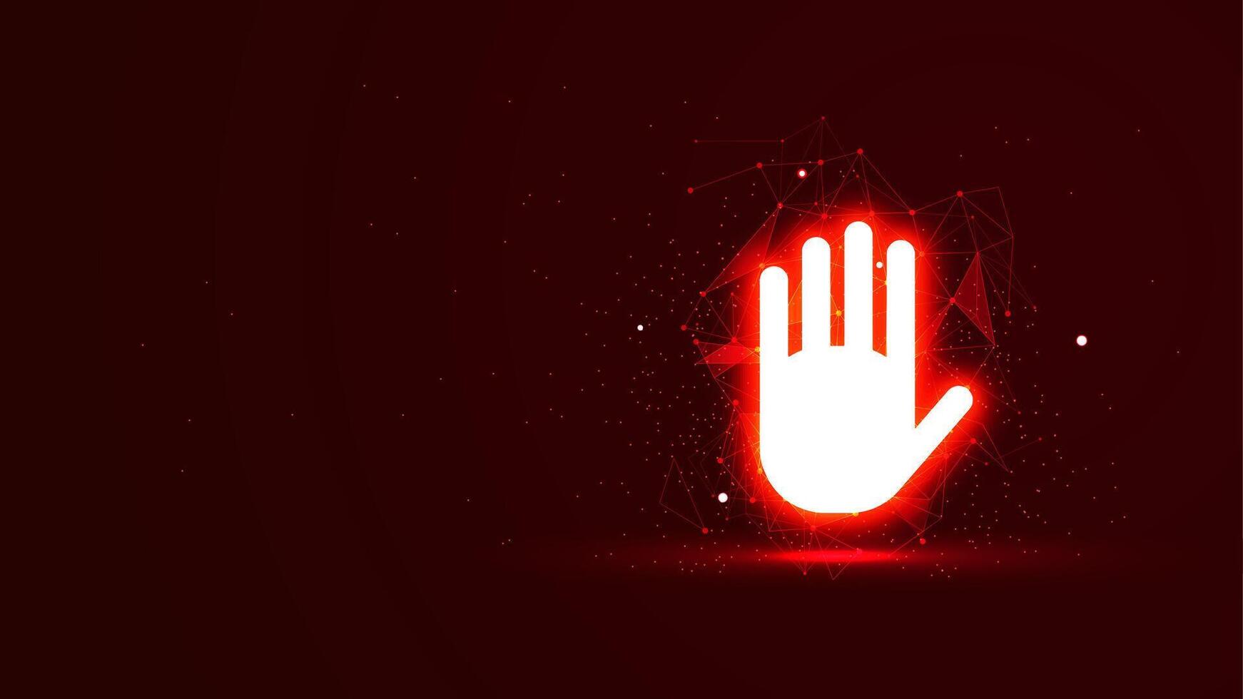 Red glowing stop hand sign with plexus lines and glitter particles. A prohibition symbol in the neon light style. 3D abstract low poly copy space in the dark background vector