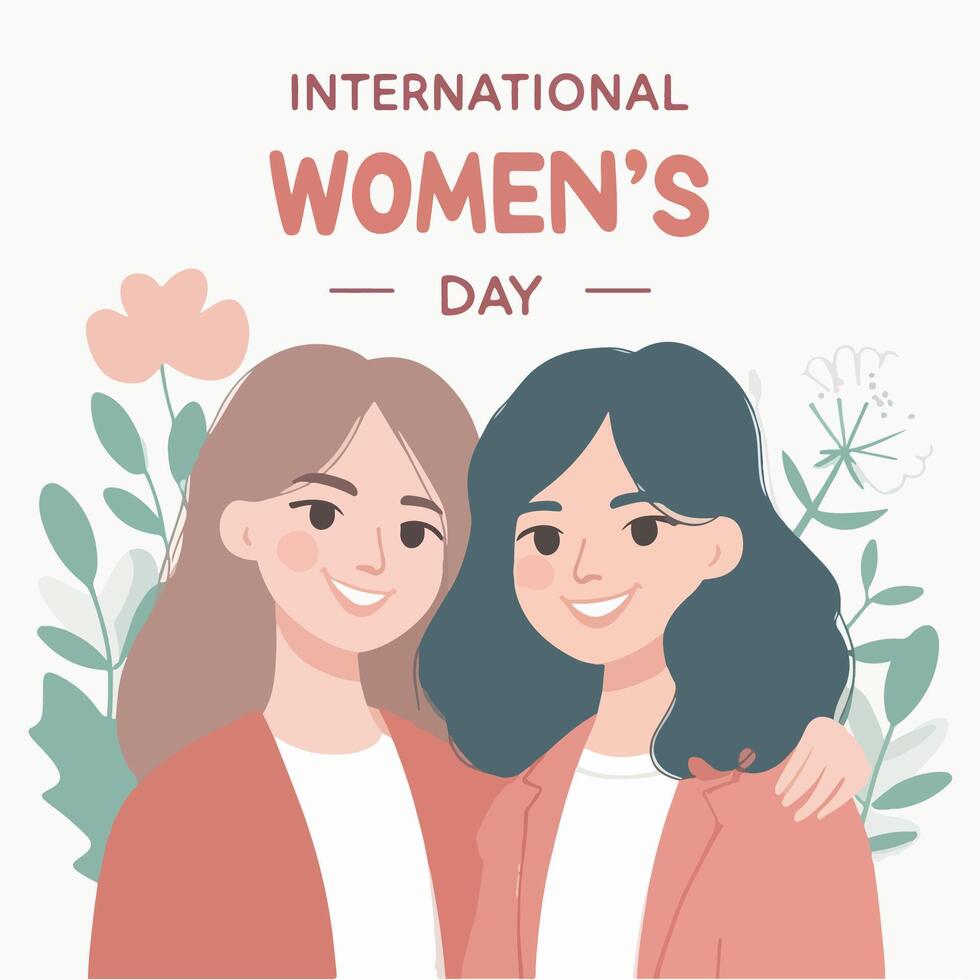 Two faces of graceful women with short hair from the same ethnic poster. Flat design. Floral background. Patterns of women's empowerment movements. International women's day graphic design vector