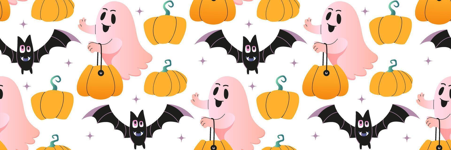 Spooky Halloween ghost seamless pattern. Scary ghost characters, fly funny spook. Halloween spooky cartoon poltergeist. Pattern for background, printing on wrapping paper, wallpaper or fabric. vector