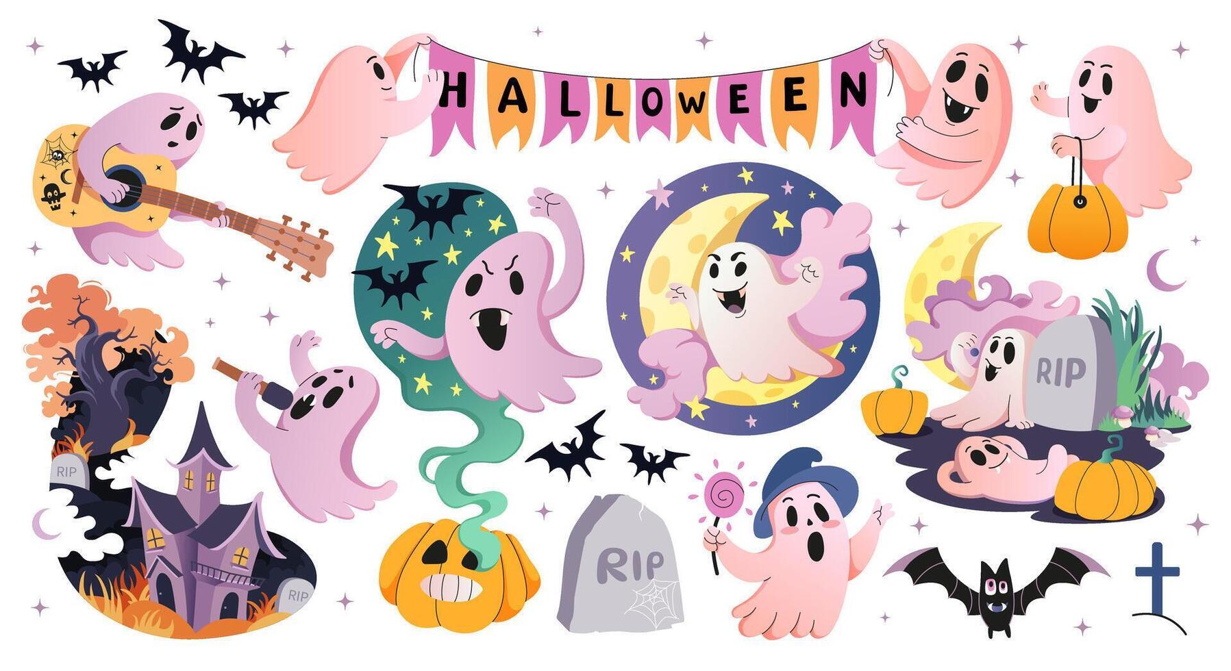 Halloween cute ghost set. Collection of Different cute spooky boo characters for sticker pack. Garland of flags. Happy Halloween background. Pumpkin, tombstone, bat and house illustration. vector