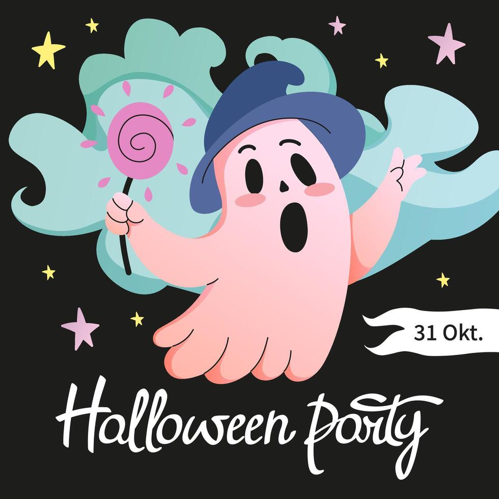 Cute Ghost in witch hat with lollipop. Halloween holidays square template. Social media post for invitation. Trick or treat background. Halloween party lettering. Spooky elements. illustration. vector