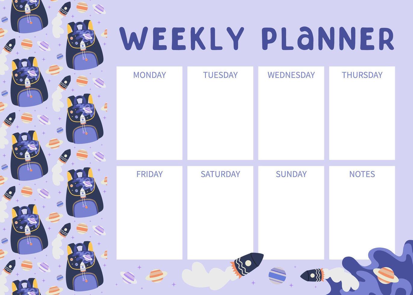 Weekly planner with school backpack. Girl and boys bag with spaceship, planet, star background. Back to school concept. Lifestyle planner for 7 days. Schedule design template. illustration. vector