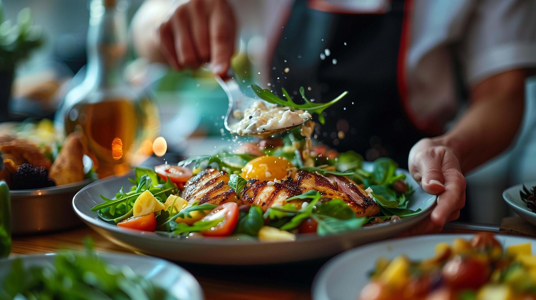 Chef's hands, blurred in the background, suggest careful preparation of a delicious meal photo