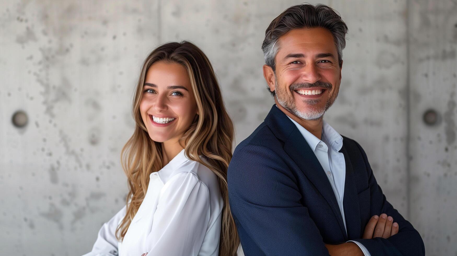 Both individuals are dressed in professional business attire, with the man wearing a navy blue blazer and the woman wearing a white blouse photo