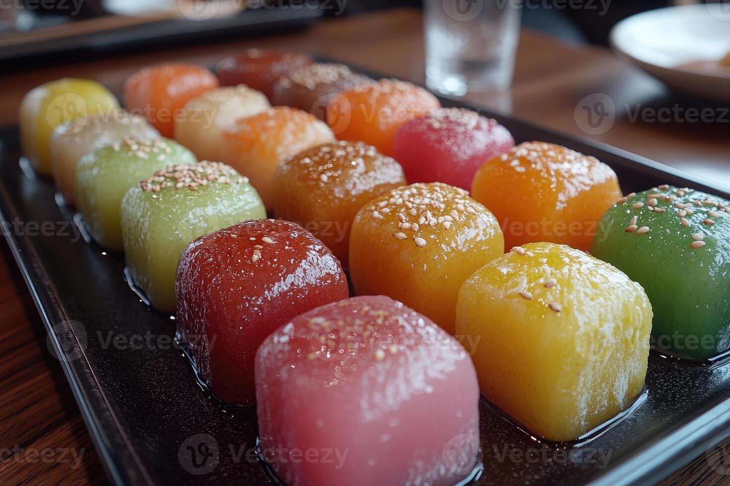 A Row of Colorful, Gelatinous, Sesame-Topped Desserts photo