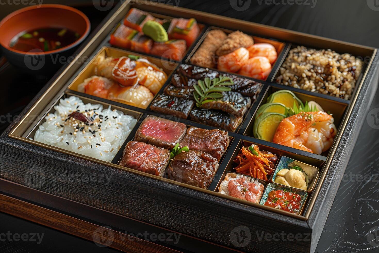 A Japanese Bento Box with a Variety of Dishes photo