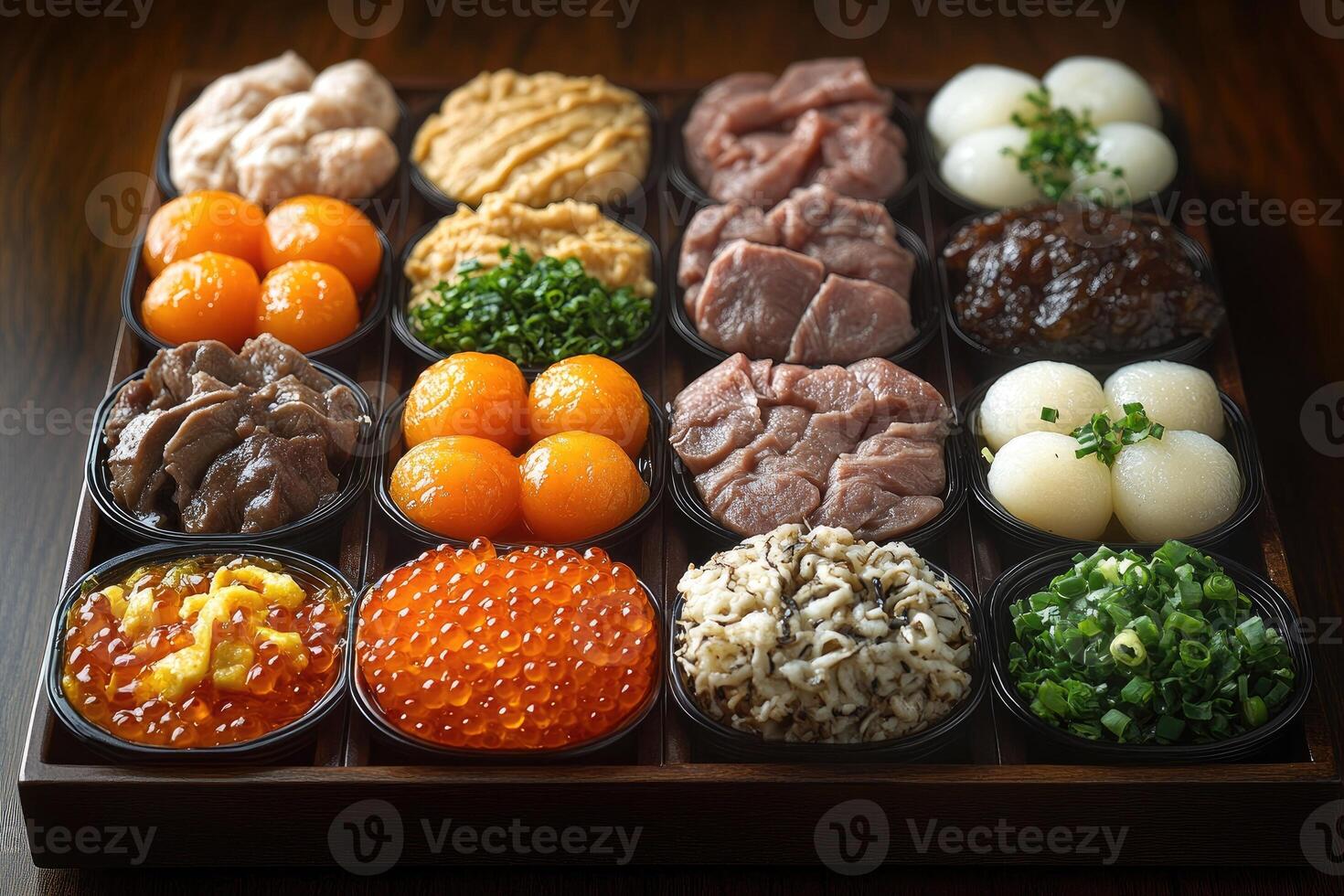 Assortment of Japanese Delicacies in a Wooden Box photo