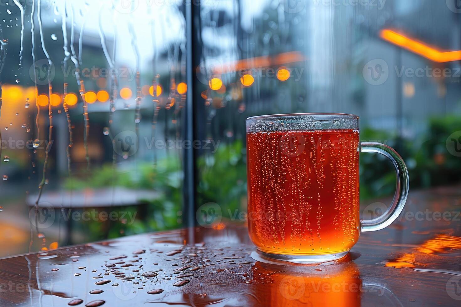 A Glass of Tea on a Wet Table with a Rainy View photo