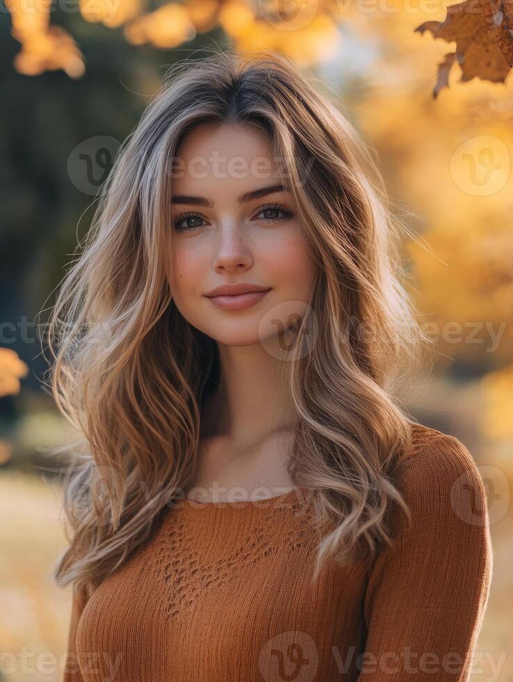 Autumn portrait of a young woman with long wavy hair sitting by a window surrounded by fall foliage and warm light in a cozy setting photo