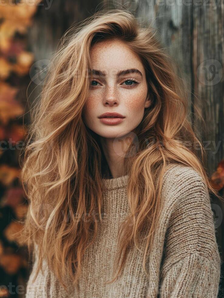 Autumn portrait of a young woman with long wavy hair sitting by a window surrounded by fall foliage and warm light in a cozy setting photo