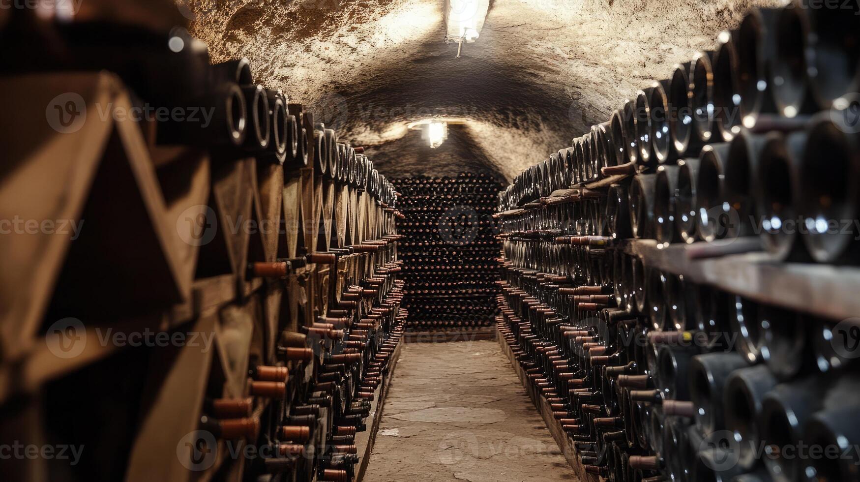 Exploring a historic wine cellar filled with stacked bottles in a dimly lit underground environment photo