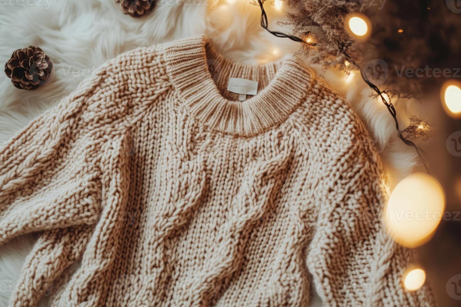Cozy yellow knitted sweater surrounded by warm fairy lights and dried flowers on soft fabric photo