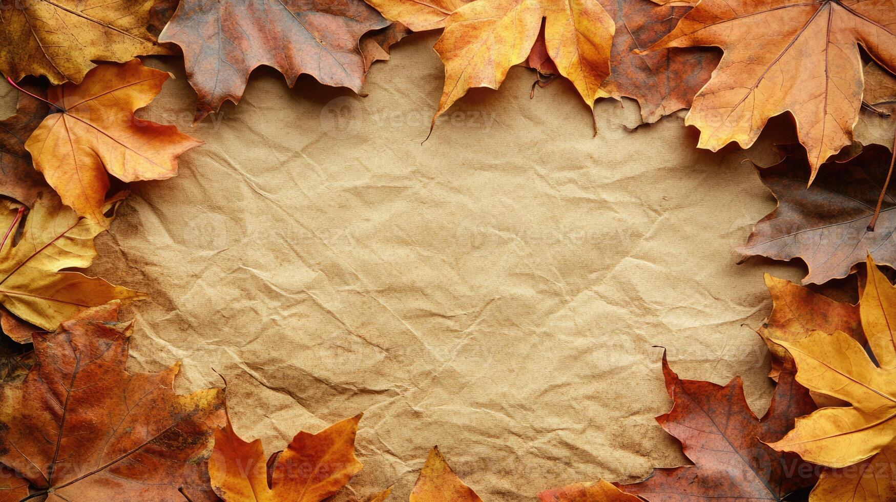 Colorful autumn leaves frame a wrinkled brown paper background in a seasonal arrangement for fall decorations photo