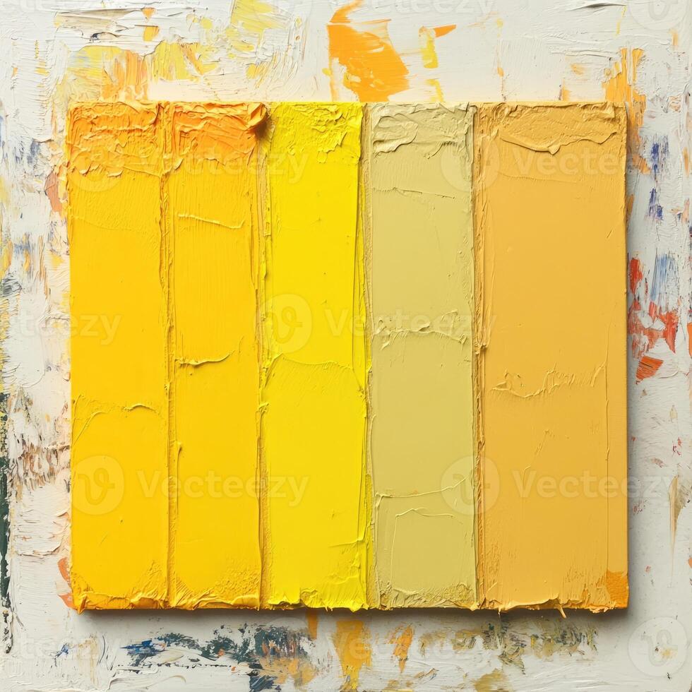 Textured painting featuring five shades of yellow against a colorful, splattered background photo
