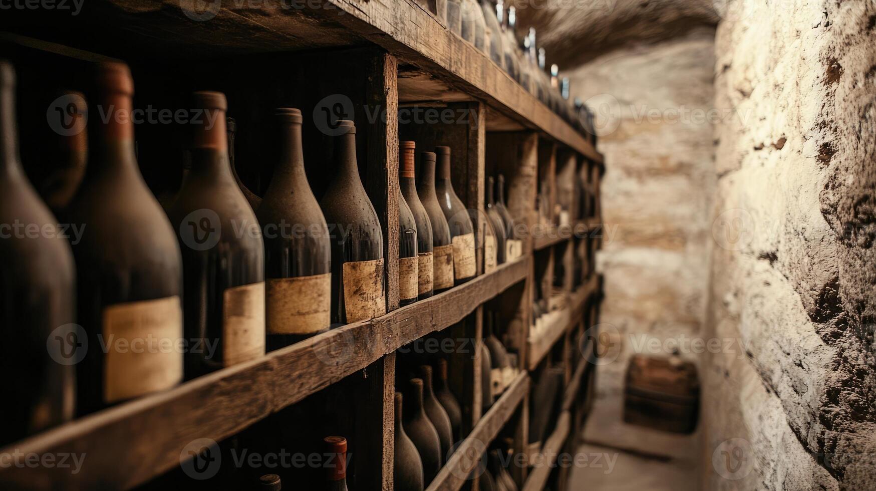 Wine cellar with wooden shelves and barrels showcasing a collection of wines in a rustic underground space illuminated by a warm light photo