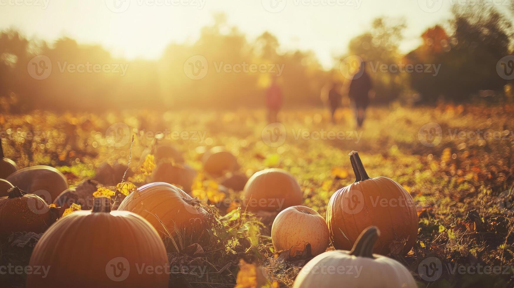 Pumpkin patch at sunset with lush green vines and vibrant orange pumpkins under a colorful sky in autumn photo
