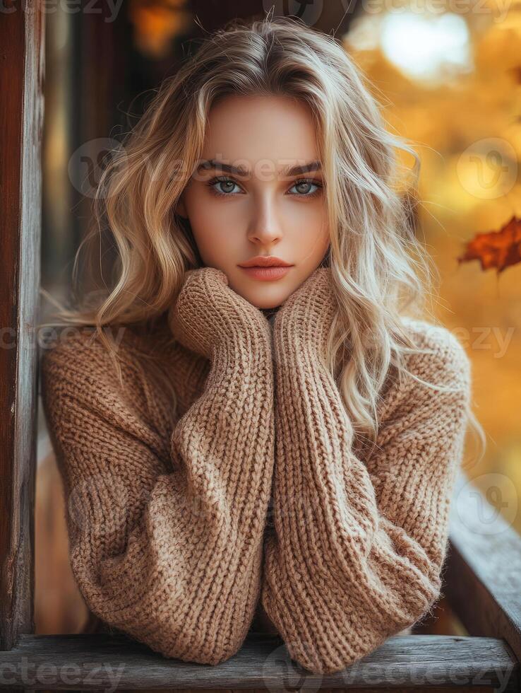 Autumn portrait of a young woman with long wavy hair sitting by a window surrounded by fall foliage and warm light in a cozy setting photo