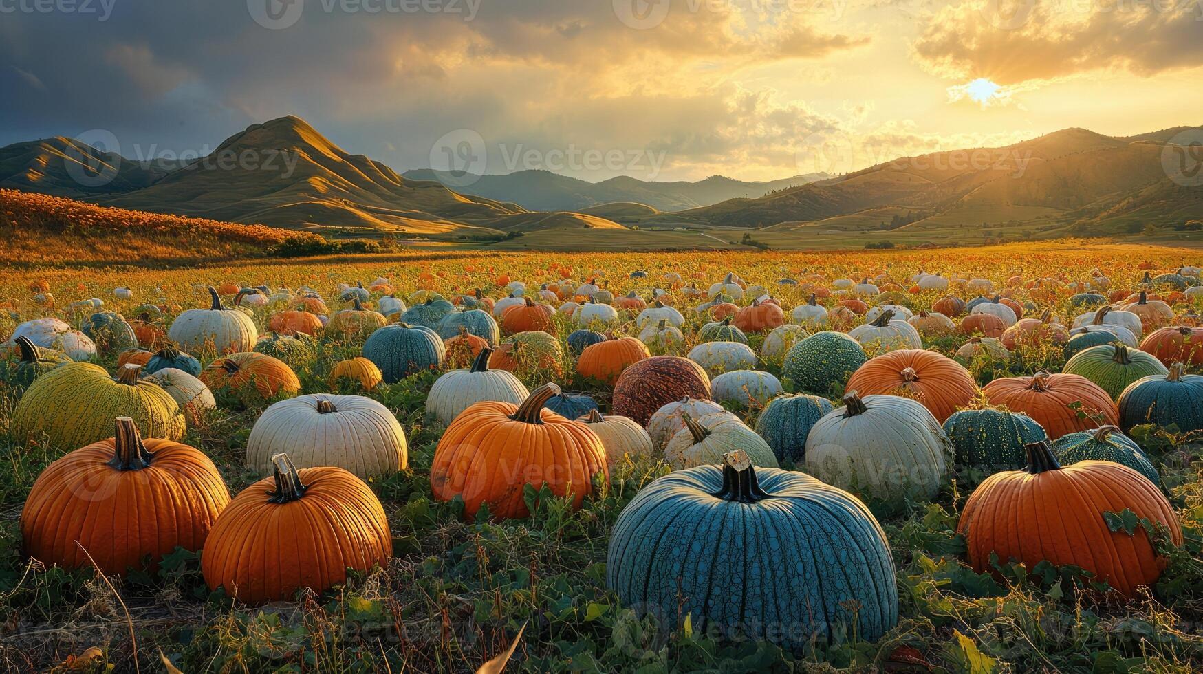 Colorful pumpkins of various shapes and sizes scattered in a vibrant field during autumn harvest season photo