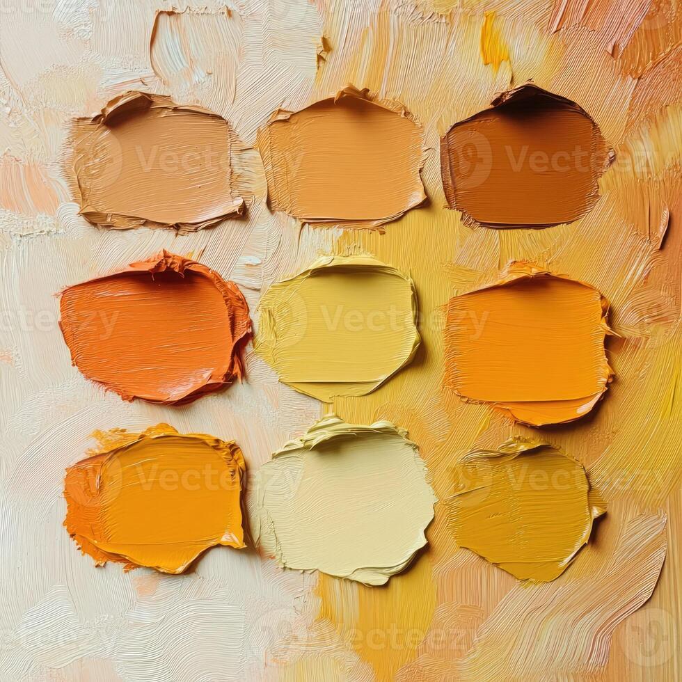 A collection of vibrant paint swatches arranged artistically, showcasing various shades of orange and beige on a textured background photo